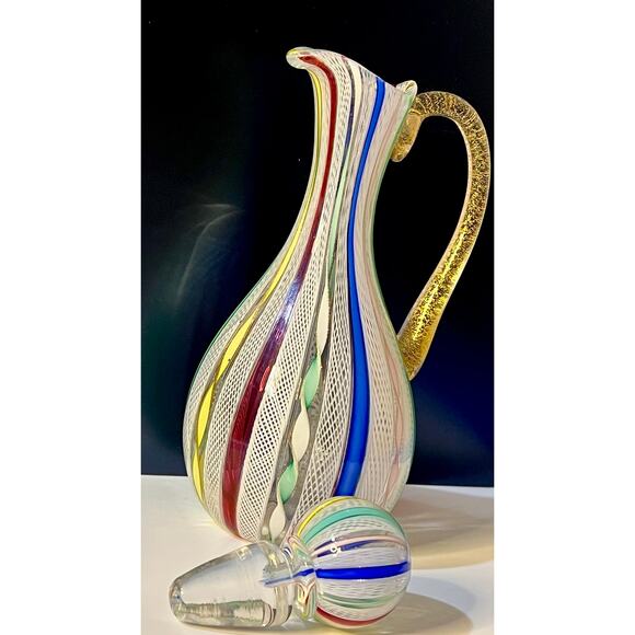 RARE Murano Zanfirico Latticino Glass Decanter Arlecchino Ribbon Gold Aventurine - Picture 3 of 11
